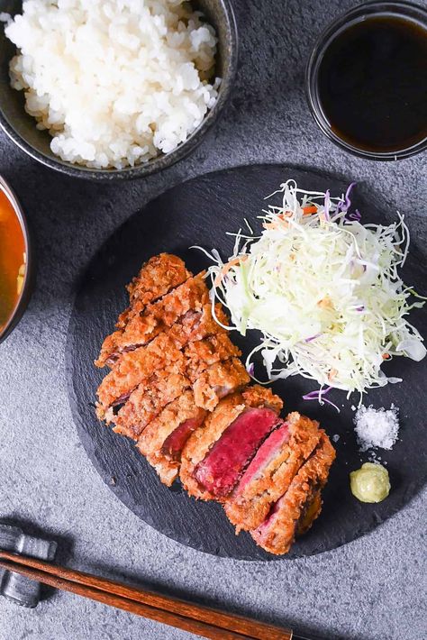 Beef Katsu Recipe, Japanese Steak Recipes, Gyukatsu Recipe, Japanese Beef Recipes, Steak Dipping Sauce, Deep Fried Beef, Beef Katsu, Sudachi Recipes, Japanese Cookbook