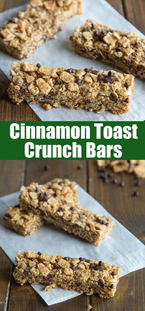 Cinnamon Toast Crunch Granola Bars - Chewy no bake granola with a touch of cinnamon and chocolate chips. Cinnamon Toast Crunch Cereal Bars, No Bake Granola, Mouthwatering Desserts, Best Homemade Bread Recipe, Low Fat Snacks, Friends Recipes, Chewy Granola Bars, Snack Shack, Baked Granola