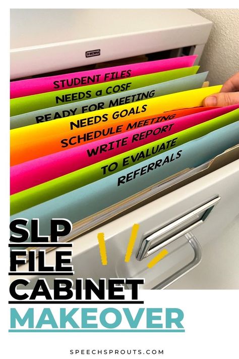 Speech therapy room organized file cabinet. Brightly-colored tabs for folders-labeled-with SLP tasks such as referrals and to evaluate. Therapy Room Organization, Therapy Room Ideas, Speech Language Pathology Grad School, Speech Classroom Decor, Speech Therapy Organization, Speech Therapy Room, Slp Organization, Speech Therapy Tools, File Cabinet Makeover