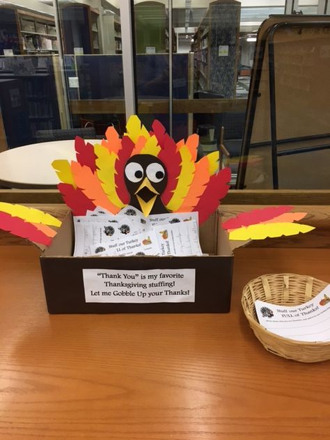 Thanksgiving Library Display Ideas, November Library Activities, Thanksgiving Displays For Library, Thanksgiving Library Programs, Turkey Library Display, Thanksgiving Library Displays, Drop Box Ideas, Passive Programming Library, Passive Programs