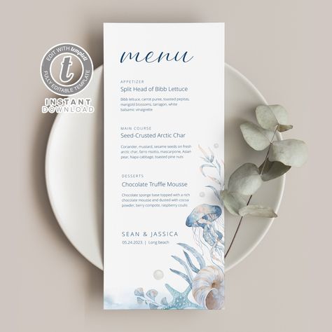 Beach Wedding Menu, Greenery Design, Menu Printable, Ocean Wedding, Printable Menu, Appetizer Menu, Event Template, Wedding Menu Template, Beach Themed