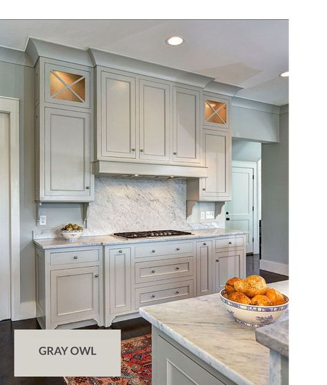 Gray-Owl-e Grey Blue Kitchen, Two Tone Kitchen Cabinets, Benjamin Moore Gray, Owl Kitchen, Kitchen Cabinet Trends, Painted Kitchen Cabinets Colors, Cabinet Paint Colors, Gray Owl, Grey Kitchen Cabinets