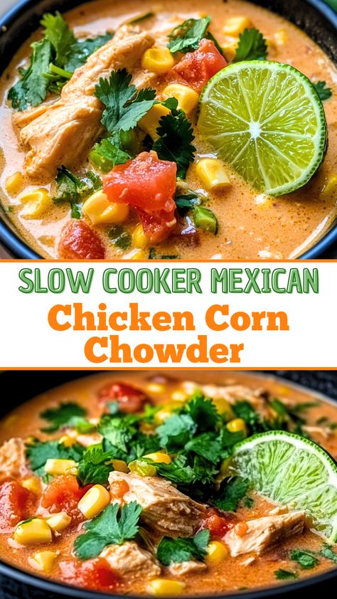 Easy Healthy Soup Recipes: Slow Cooker Mexican Chicken Corn Chowder Recipe Slow Cooker Mexican Corn Chowder, Mexican Chicken Slow Cooker, Chicken Corn Chowder Soup Easy, Crockpot Chicken Recipes Mexican, Chicken Corn Chowder Crock Pot, Healthy Corn Chowder, Mexican Chicken Corn Chowder, Mexican Corn Chowder, Crockpot Dairy Free