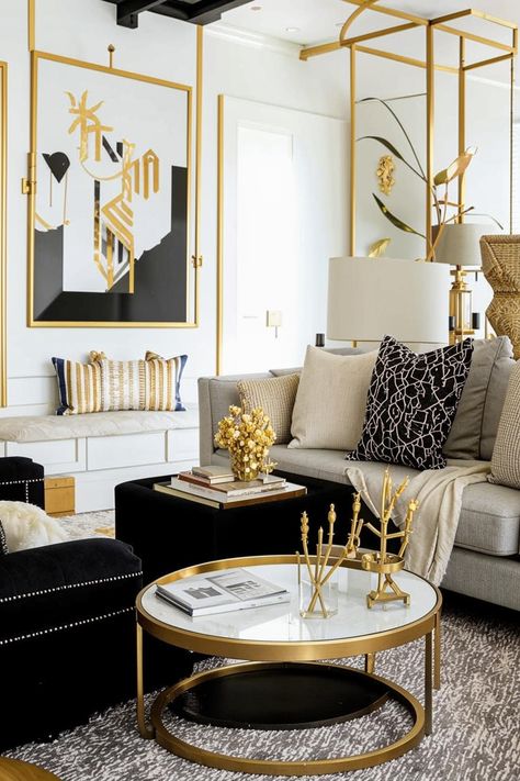 Elevate your living room with a timeless black, white, and gold color scheme. Bold black accents, crisp white walls, and luxurious gold accents create a sophisticated and elegant ambiance. Explore inspiring designs and find the perfect pieces to create your dream space. Living Room Palette, Black And White Room, Room Palette, Black And White Living Room Decor, Luxe Living Room, Black White And Gold, Gold Color Scheme, Patio Designs, White Room