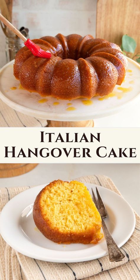 italian hangover bundt cake on cake stand and sliced on a plate. Margarita Pound Cake Recipe, Alcohol Infused Pound Cake, Alcohol Infused Bundt Cakes, Alcohol Food Recipes Dinner, Southern Hangover Cake, Hangover Cake Recipe, Italian Bundt Cake Recipes, Cake For Alcohol Lovers, Amaretto Cake Recipe Easy