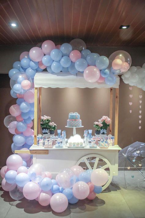 Rain-inspired Dessert Table from a Raindrop Themed Gender Reveal Party on Kara's Party Ideas | KarasPartyIdeas.com (18) Gender Reveal Dessert Table, Vintage Dessert Tables, Gender Reveal Ideas For Party, Decoration Hall, Idee Babyshower, Gender Reveal Themes, Baby Reveal Party, Gender Reveal Party Ideas, Reveal Party Ideas