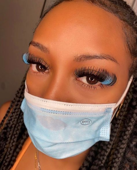 Pink And Blue Eyelash Extensions, Blue Lashes Extensions, Black And Blue Lash Extensions, Light Blue Lash Extensions, Blue Lash Extensions, Lashes With Blue Color, Blue Eyelashes, Blue Lashes, Blue Glitter Lash Extensions