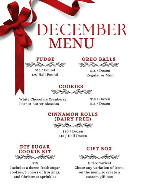 Cottage Bakery Owners | Thoughts on my menu | Facebook Home Bakery Menu Ideas, Cottage Bakery, Food Business Ideas, Oreo Balls, Bakery Menu, Peanut Butter Blossoms, Christmas Sprinkles, White Chocolate Cranberry, Cookie Kit