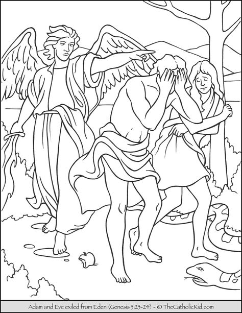 Bible Coloring Page - Adam and Eve Exiled from Eden - TheCatholicKid.com Adam And Eve Craft, Adam And Eve Bible, Creation Coloring Pages, Sunday School Coloring Pages, Garden Coloring Pages, Sunday School Crafts For Kids, Bible Verse Coloring, School Coloring Pages, Bible Coloring Pages