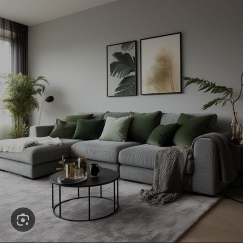 Emerald Green Living Room, Living Room Decor Grey Couch, Dark Grey Couch Living Room, Havenly Living Room, Green Living Room Decor, Soft Autumn Color Palette, Autumn Color Palette, Grey Sofa Living Room, Modern Apartment Living Room