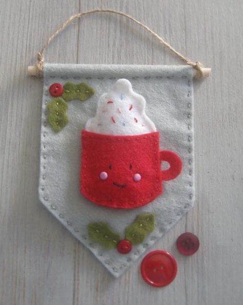 Craft kit, sewing kit, christmas hot chocolate decoration, christmas banner sewing kit, banner craft kit, felt banner, Holly hot chocolate Hot Chocolate Decor, Banner Craft, Felt Santa, Chocolate Decoration, Cute Christmas Decorations, Banner Christmas, Felt Crafts Christmas, Holiday Sewing, Felt Stocking