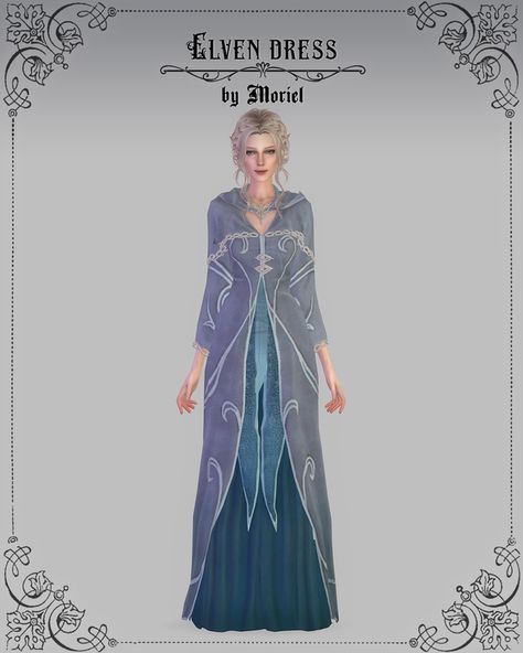 Elven set | Moriel on Patreon Fantasy Queen Dress, Skyrim Clothes, Cc Makeup, Elven Dress, Sims Medieval, Elf Dress, Goddess Outfit, Tumblr Sims 4, Sims 4 Dresses