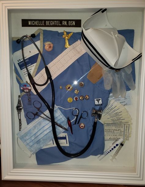 Nurse Shadow Box Graduation, Nursing Shadow Box Ideas, Nursing School Shadow Box Ideas, Dental Hygiene Graduation, Shadow Box Graduation, Nursing License, Nursing School Essential, College Graduation Cap Decoration, Pinning Ceremony