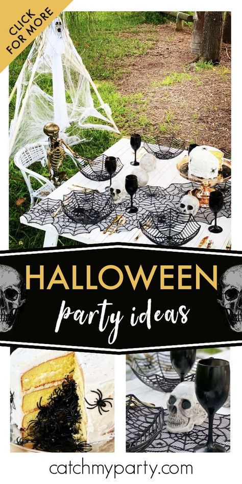 Check out the spooky Halloween skeleton dinner party! The cake covered in spiders is so creepy! See more party ideas and share yours at CatchMyParty.com Youve Been Bood, Halloween Bingo Cards, Halloween Countdown Calendar, Halloween Bingo, Spooky Skeleton, Halloween Countdown, Birthday Party Activities, Halloween Party Favors, Halloween Cupcakes