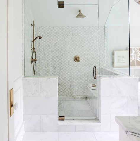 Shower Opposite Vanity, Master Shower With Pony Wall, Partial Glass Shower Wall, Half Wall Shower Ideas Master Bath, Shower In Middle Of Bathroom, Shower Pony Wall, Half Wall Shower Ideas, Berry Bathroom, Pony Wall Shower Ideas