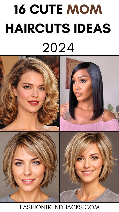 4 women with cute mom haircuts with text 16 cute mom haircuts ideas 2024 Mom Haircuts Low Maintenance, Cute Mom Haircuts, Mom Haircut, Women Haircut, Mom Haircuts, Haircuts Ideas, Cute Haircuts, Soft Layers, Fresh Hair