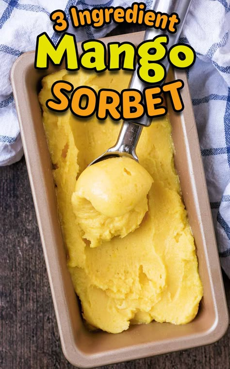 A tray of mango sorbet with a text title overlay. Diy Dessert Recipes, Mango Sorbet Recipe, Mango Ice Cream Recipe, Vegan Slow Cooker Recipes, Mango Dessert Recipes, Diy Dessert, Sorbet Recipe, Healthy Cheesecake, Mango Dessert