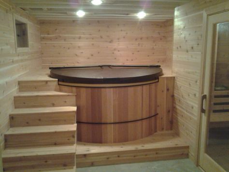 Basement hot tub finished with cedar plank walls and deck. The ceiling was left open and painted white. Now for the floor color... Basement Hot Tub Ideas, Basement Hot Tub Room, Basement Jacuzzi, Hot Tub Basement, Indoor Hot Tub Room Ideas, Basement Spa, Basement Transformation, Bathroom Sauna, Basement Sauna