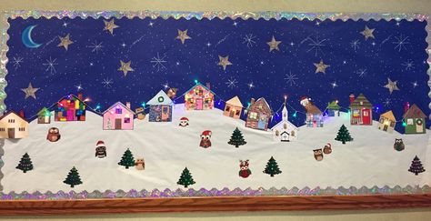 Winter Scene Bulletin Board Ideas, Winter Village Bulletin Board, Christmas Village Bulletin Board, Christmas Board Decorations For School, Christmas Board Decoration, School Hallway Decorations, Winter Classroom Door, Christmas Cubicle Decorations, Winter Classroom Decorations