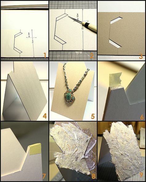 Necklace stand tutorial from Kotomicreations. For more DIY necklace stands check - http://www.beadinggem.com/2009/09/how-to-make-your-own-necklace-display.html Cardboard Necklace, Diy Necklace Stand, Necklace Stands, Diy Display, Diy Jewelry Display, Craft Fair Displays, Diy Collier, Craft Display, Necklace Stand