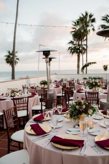 Wedding Table Decorations Pink, Blush Wedding Reception, Pink And Burgundy Wedding, Club Wedding Reception, Gold And Burgundy Wedding, Burgundy Wedding Theme, Pink Wedding Receptions, Romantic Colors Palette, San Clemente Wedding