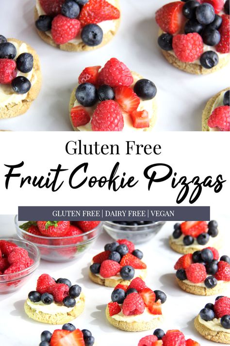 Gluten Free Fruit Pizza Cookies next to bowls of fresh fruit. Gluten free, dairy free, and vegan. Gluten Free Dairy Free 4th Of July, Fruit Pizza Vegan, Gluten Free Memorial Day Food, Memorial Day Fruit Pizza, Gluten Free Memorial Day Desserts, 4th Of July Food Gluten Free, Gluten Free Snacks For Party, Dairy Free Fruit Pizza, Gluten Free Fruit Pizza