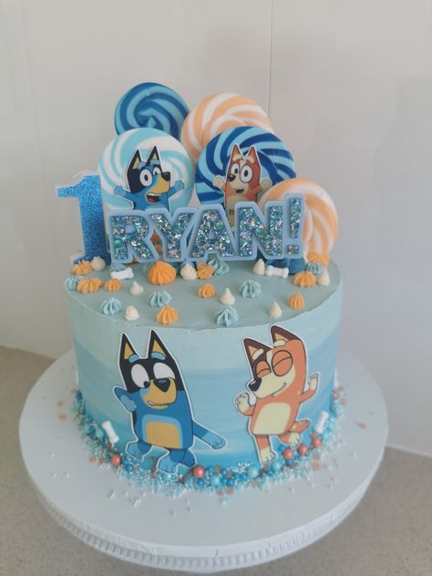 Birthday Cake Pool Party, Bluey Cake Ideas, Bluey Birthday Cake, Lollipop Birthday, Pool Cake, Lollipop Cake, 4th Birthday Cakes, Baby Birthday Themes, Bluey Birthday