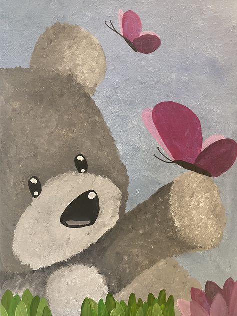 Acrylic Painting For Nursery, Cute Bear Painting Easy, Acrylic Painting Animals Easy, Bear Paintings Acrylic, Nursery Paintings Canvas, Bear Canvas Painting, Kids Paint Night, Kids Art Journal, Teddy Bear Painting