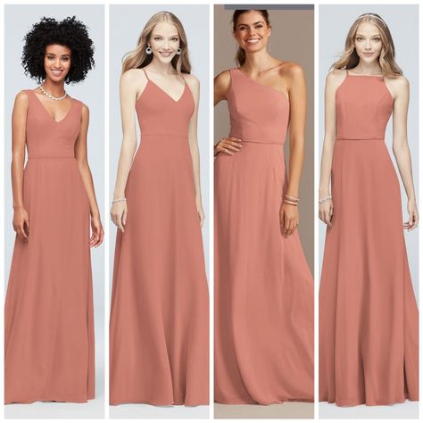 Desert Coral Wedding Colors, Desert Coral Davids Bridal, Desert Coral Bridesmaid Dresses, Desert Coral Wedding, Vestidos Color Melon, Bridesmaid Dress Color Schemes, Coral Wedding Colors, Coral Gown, Ariel Wedding