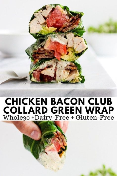 Chicken Bacon Club Collard Green Wrap - a satisfying and delicious wrap full-time of filing, clean ingredients!  Whole30, Paleo, Gluten-Free and Dairy-Free!! #whole30 #whole30recipes #bestcollardgreenwrap #paleorecipes #dairyfreerecipes #collardgreen #wraprecipes #healthyrecipes #makeahead Collard Green Wraps, Best Tuna Salad Recipe, Collard Greens Recipe, Collard Green, Healthy Food Facts, Paleo Lunch, Green Wrap, Collard Greens, Chicken Bacon