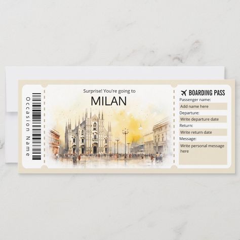 Take your loved one on a journey to Milan with our unique Fake Boarding Pass Gift Certificate. This creative and customizable Milan boarding pass ticket makes for the perfect gift, whether it's for a birthday, anniversary, or any special occasion. Let the recipient's imagination soar as they embark on an adventure in Italia. It's a one-of-a-kind keepsake that will make memories to treasure forever. Paris Plane Ticket, Ticket Avion, Plane Ticket Invitation, Plane Ticket, Ticket Invitation, Train Tickets, Frat Boy, Flight Ticket, Make Memories