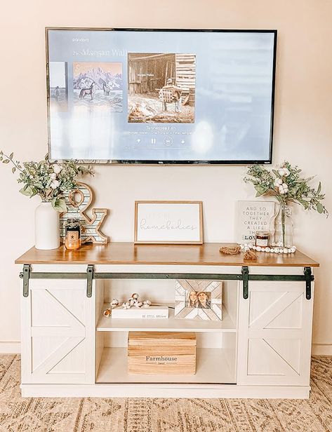 JUMMICO Farmhouse TV Stand up to 65 Inches, Mid Century Modern Entertainment Center with Sliding Barn Doors and Storage Cabinets, Metal Media TV Console Table for Living Room (Bright White) Neutral Entertainment Center Decor, Tv Stand Decor Western, Media Stands Living Room, Neutral Tv Stand Decor, Farmhouse Tv Console Decor, Simple Tv Stand Decor, Spring Tv Stand Decor, Western Tv Stand Decor, Entertainment Stand Decor