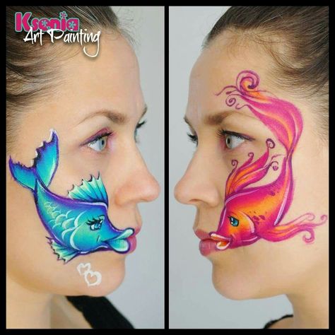 Fish Face Painting, Fish Face Paint, Face Paint Party, Easy Face Painting, Mermaid Face Paint, Animal Face Paintings, Adult Face Painting, Cheek Art, Girl Face Painting