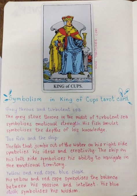 King Of Cups Tarot, Tarot Notes, Tarot Beginner, Tarot Symbolism, Tarot Guidebook, King Of Cups, Learning Tarot, Tarot Interpretation, Tarot Significado