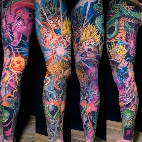 Tattoo artist Derek Turcotte scale bright color new school tattoo | Canada Dragon Ball Z Tattoo, Dbz Tattoo, Mangas Tattoo, 16 Tattoo, Colorful Tattoos, Z Tattoo, Dragon Ball Tattoo, Anime Tattoo, Leg Sleeve Tattoo