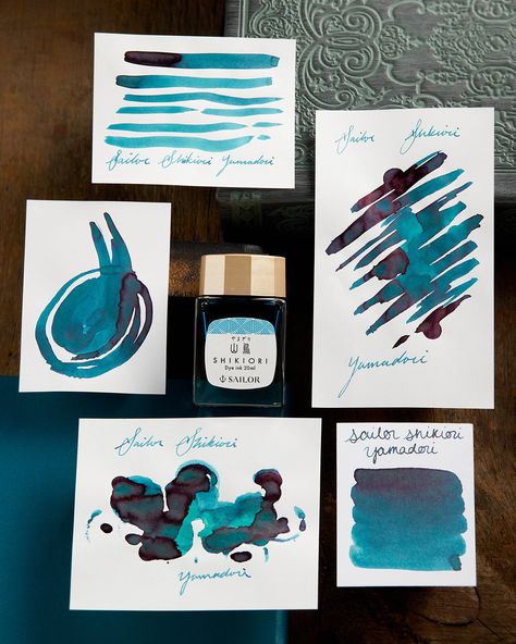 Sailor Shikiori Yamadori: Fountain Pen Ink Review - The Goulet Pen Company Watercolor Swatches, Goulet Pens Company, Goulet Pens, Calligraphy Ink, The Sailor, Writing Stuff, Bottled Ink, Gorgeous Glass, Dark Blue Color