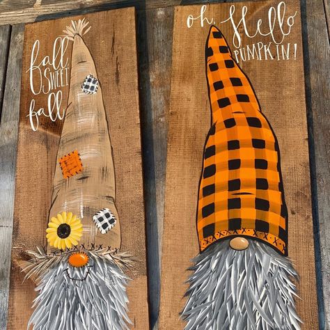 Gnome Porch Leaner, Fall Bridal Shower Decorations, Halloween Canvas Art, Gnome Pictures, Halloween Wood Crafts, Fall Gnome, Wooden Welcome Signs, Holiday Painting, Fall Halloween Crafts