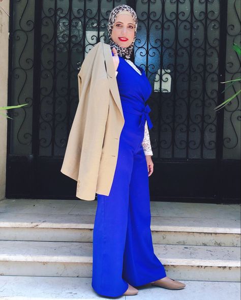 Royal Blue Jumpsuit, Blue Hijab, Spring Bright, Hijabi Outfit, Blue Jumpsuit, Blue Jumpsuits, Bright Blue, Daily Outfits, Duster Coat