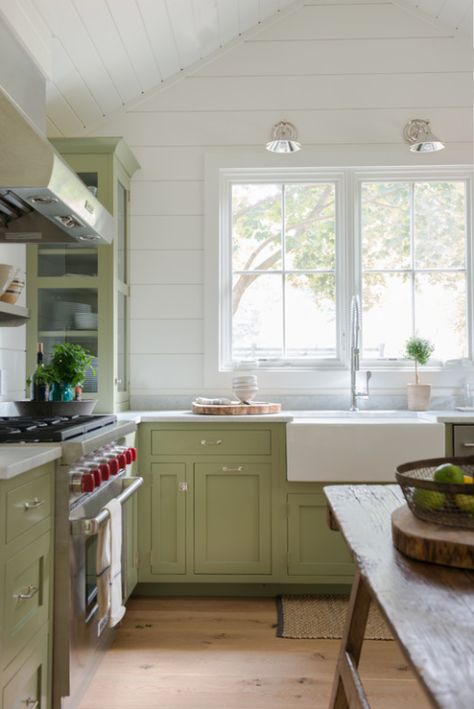 Farmhouse Kitchen with Light Green Cabinets and Shiplap Walls Kitchen Cabinet Color Ideas, Green Kitchen Cabinets, Farmhouse Kitchen Cabinets, Green Cabinets, Kitchen Farmhouse, Farmhouse Sink Kitchen, Up House, Kitchen Cabinet Colors, Living Room Remodel