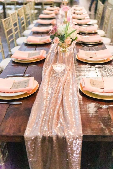 Barrington hill farm wedding Chic blush sequence runners Rose Gold Table Runner Centerpiece Ideas, Rose Gold Wedding Decorations Receptions, Gold Wedding Decorations Receptions, Rose Gold Wedding Decor, Sequin Table Runner, Rustic Party, Jewel Tone Wedding, Party Table Settings, Gold Wedding Decorations