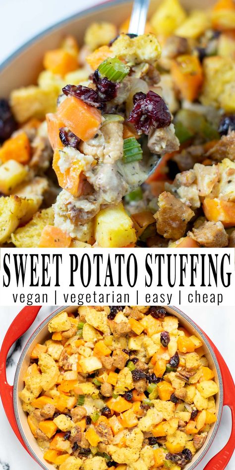 Discover a new holiday favourite in your kitchen with our Sweet Potato Stuffing. Packed with pantry staples like celery, vegan sausage, and cranberries, this dish is a journey of amazing seasonings and mouthwatering flavors. Click to uncover the magic of sweet potatoes. Sweet Potato Stuffing, Vegan Casseroles, Vegan Stuffing, Potato Stuffing, Easy Mediterranean Recipes, Holiday Flavors, Vegan Casserole, Vegan Easter, Vegan Breakfasts