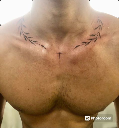 Cortisol Tattoo, Olive Branch Tattoo Chest, Collarbone Tattoos For Men, Men’s Collarbone Tattoos, Simple Shoulder Tattoo For Men, Tattoo Ideas For Men Stomach, Aesthetic Back Tattoo Men, Men’s Collar Bone Tattoo, Simple Chest Tattoo Men