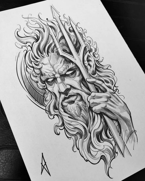 Poseidon Drawing, Zee Tattoo, Hades Tattoo, Trident Tattoo, Greek God Tattoo, Poseidon Tattoo, Zeus Tattoo, Kunst Tattoos, Greek Mythology Tattoos