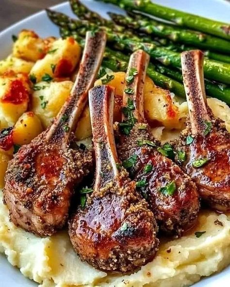 Bobby Flay Family | Herb-Crusted Lamb Chops with Mashed Potatoes and Asparagus 🥩🥔🌿 | Facebook Herb Crusted Lamb Chops, Mashed Potatoes And Asparagus, Herb Crusted Lamb, Crusted Lamb Chops, Lamp Chops, Potatoes And Asparagus, With Mashed Potatoes, Bobby Flay, The Lamb