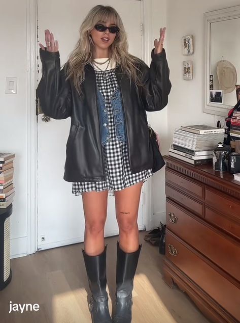 Royel Otis Concert Outfit, Mini Dress With Platform Boots, Mini Dress And Jacket Outfit, Western Boots Winter Outfit, Black Cowboy Boots Winter Outfit, Austin Spring Outfits, Gallery Assistant Outfit, Tall Boot Fall Outfits, Short Dress Fall Outfit