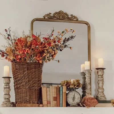 Guest Washroom, Wall Decor Antique, Hanging Basket Wall, Vintage Fall Decor, Metal Wall Mirror, Decor Shopping, Fall Decor Inspiration, Rustic Mirrors, Basket Wall