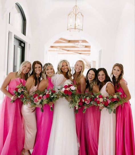 Bright Different Color Bridesmaid Dresses, Bridesmaids Dresses Hot Pink, Fuscia Bridesmaid Dresses, Hot Pink And Orange Wedding Theme, Wedding Colors Hot Pink, Outdoor Pink Wedding, Neon Pink Bridesmaid Dresses, Fucsia Bridesmaid, Bridesmaid Dress Colour Ideas