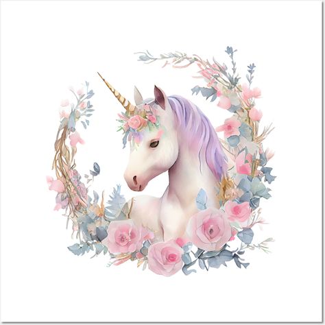 Cute baby unicorn with flowers arrangements in watercolor style. AI generated -- Choose from our vast selection of art prints and posters to match with your desired size to make the perfect print or poster. Pick your favorite: Movies, TV Shows, Art, and so much more! Available in mini, small, medium, large, and extra-large depending on the design. For men, women, and children. Perfect for decoration. Unicorn With Flowers, Unicorn Flower, Unicorn Poster, Unicorn Flowers, Coaster Art, Beautiful Butterflies Art, Unicorn Wall, Catholic Images, Flowers Arrangements