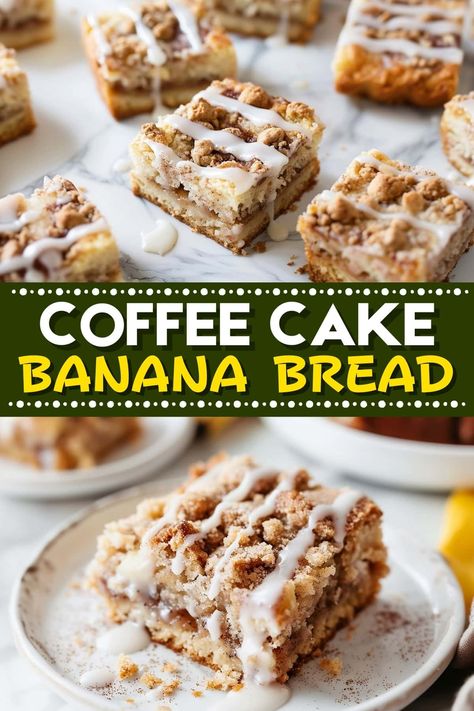 Coffee cake banana bread is full of sweet banana flavor and plenty of warm cinnamon. Better yet, it's topped with yummy streusel and vanilla glaze! Banana Bread Bundt Cake, Banana Bread With Streusel Topping, Banana Bread With Streusel, Coffee Cake Banana Bread, Coffee Cake Bundt, Cake Banana Bread, Banana Desserts, Ripe Banana Recipe, Banana Coffee Cakes