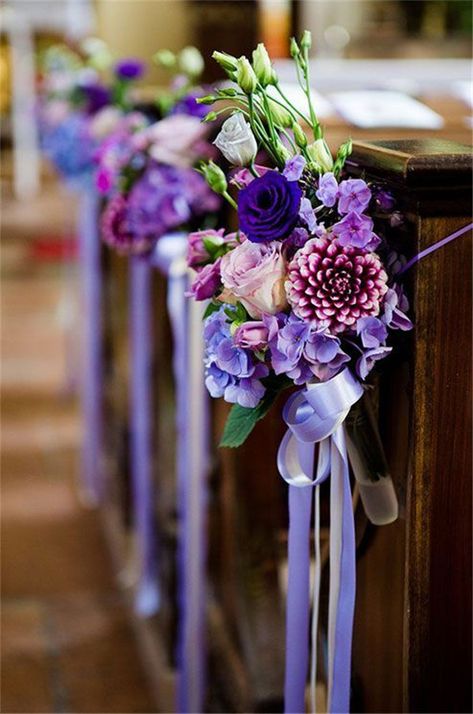 Color of 2018 —-    24 Violet Wedding Ideas You Can’t Miss! Wedding Church Decor, Pew Decorations, Violet Wedding, Purple Wedding Theme, Church Wedding Decorations, Boda Mexicana, Lilac Wedding, Purple Wedding Flowers, Church Flowers